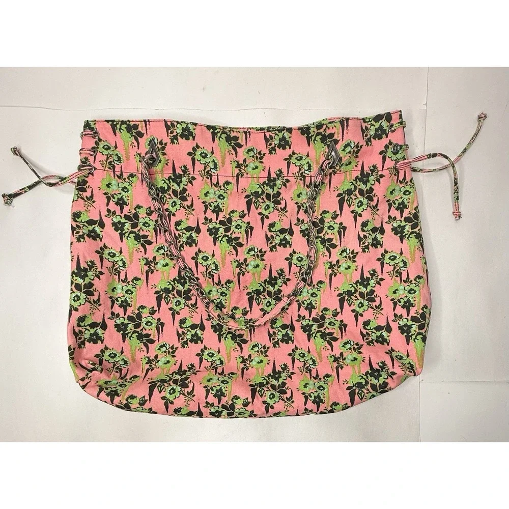 Volcom 2000s Pink Green Floral Large Tote Bag Chain‎ Handles Hobo Beach Casual